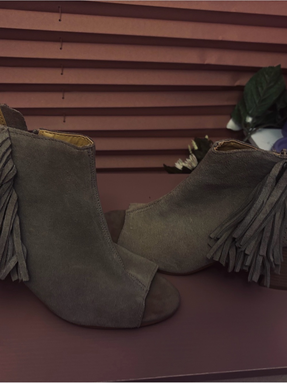Kensie Olive Suede Fringe Peep-Toe Booties